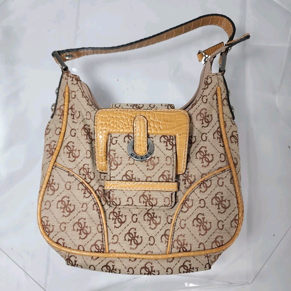 Y2K Vintage Guess Baguette Purse Signature Buckle Logo Faux Croc Leather Khaki